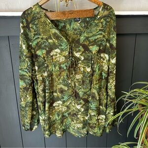 Women's Snake Print Sheer‎ Green Black Brown XL Tunic Tie Front Cinch Back
